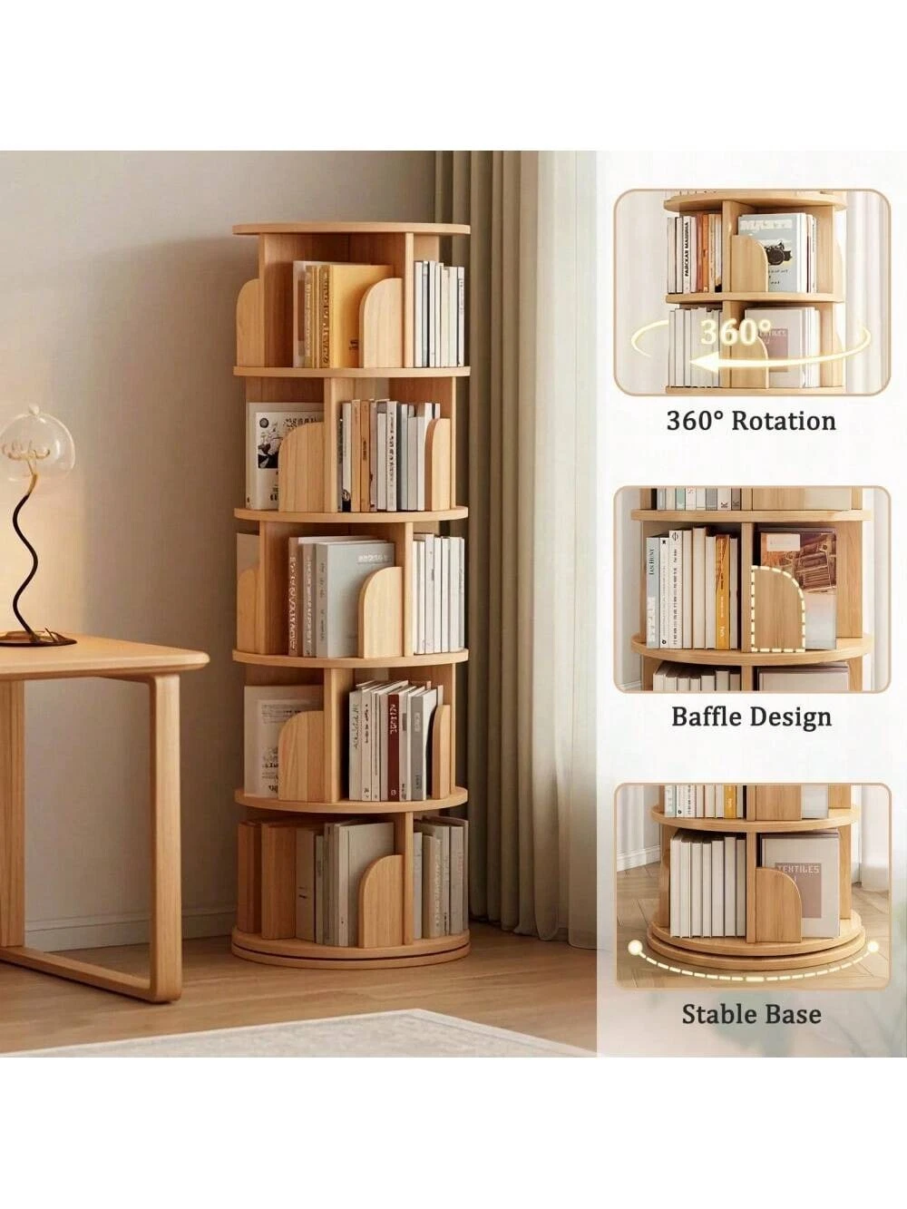6 Tier Rotating Bookshelf with Wheels, 360° Spinni